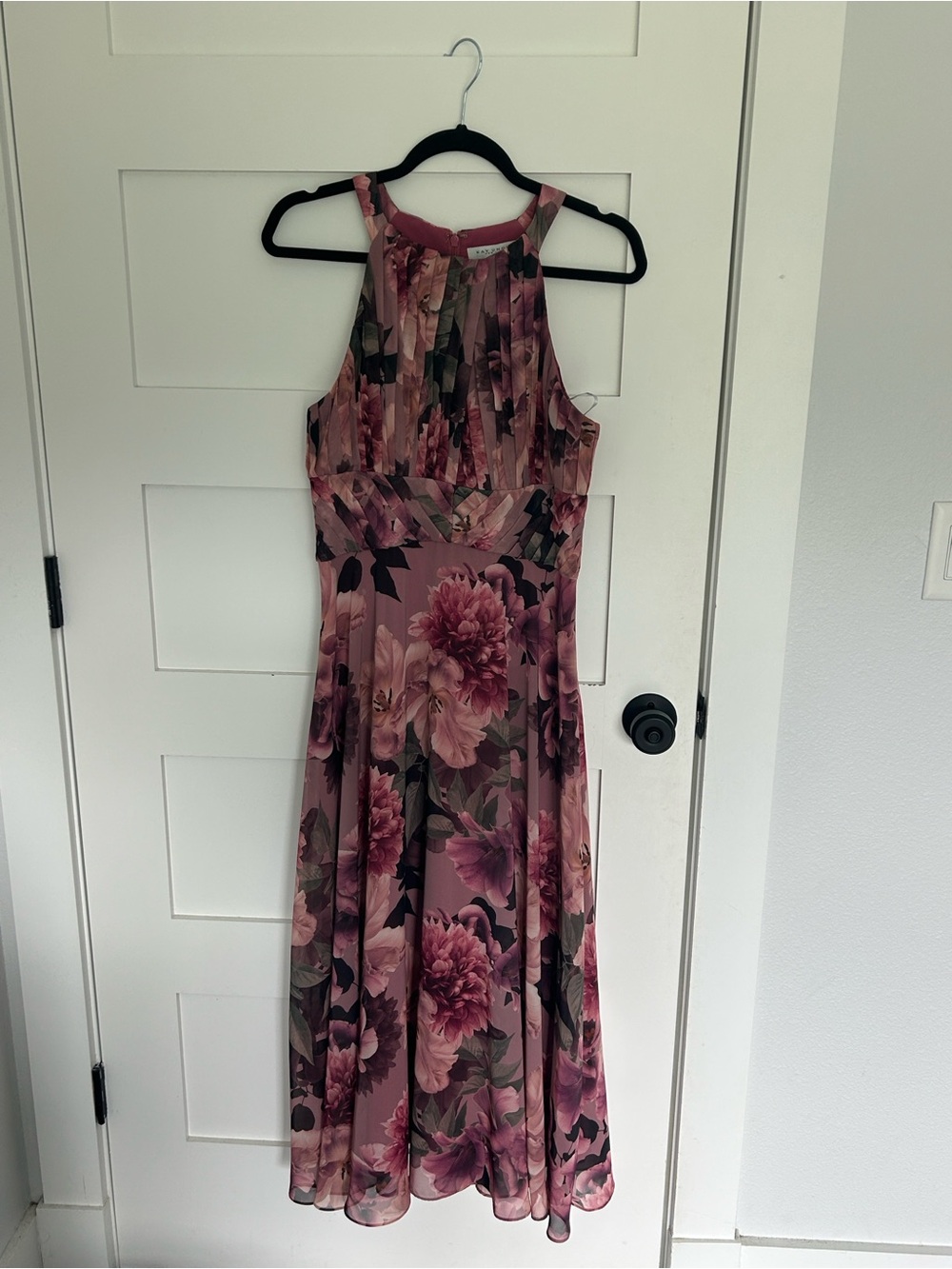 Kay Unger Pink Floral High Neck Maxi Dress
